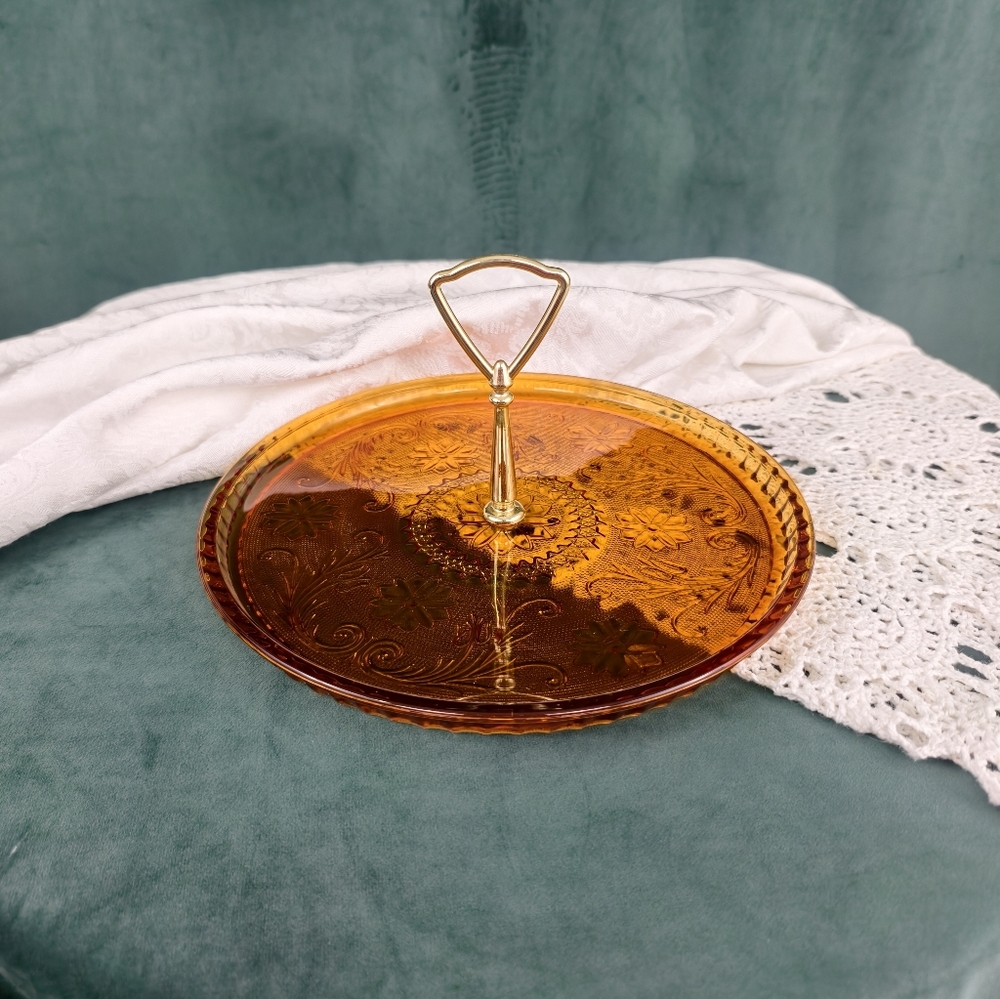 Vintage Amber Glass Sandwich Pattern Dessert Serving Tray with Handle